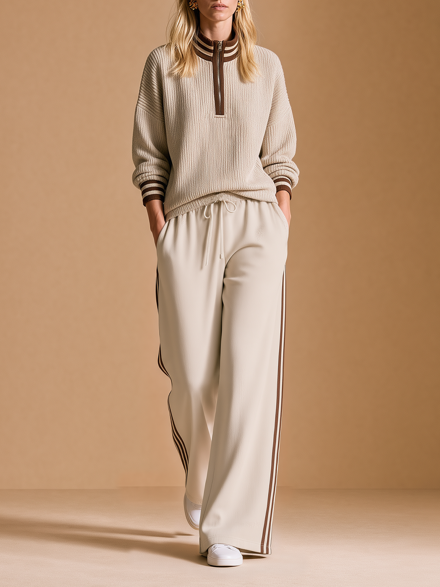 Oatmeal Half Zip Collar Knit Top With Side Stripe Wide-Leg Pants Set