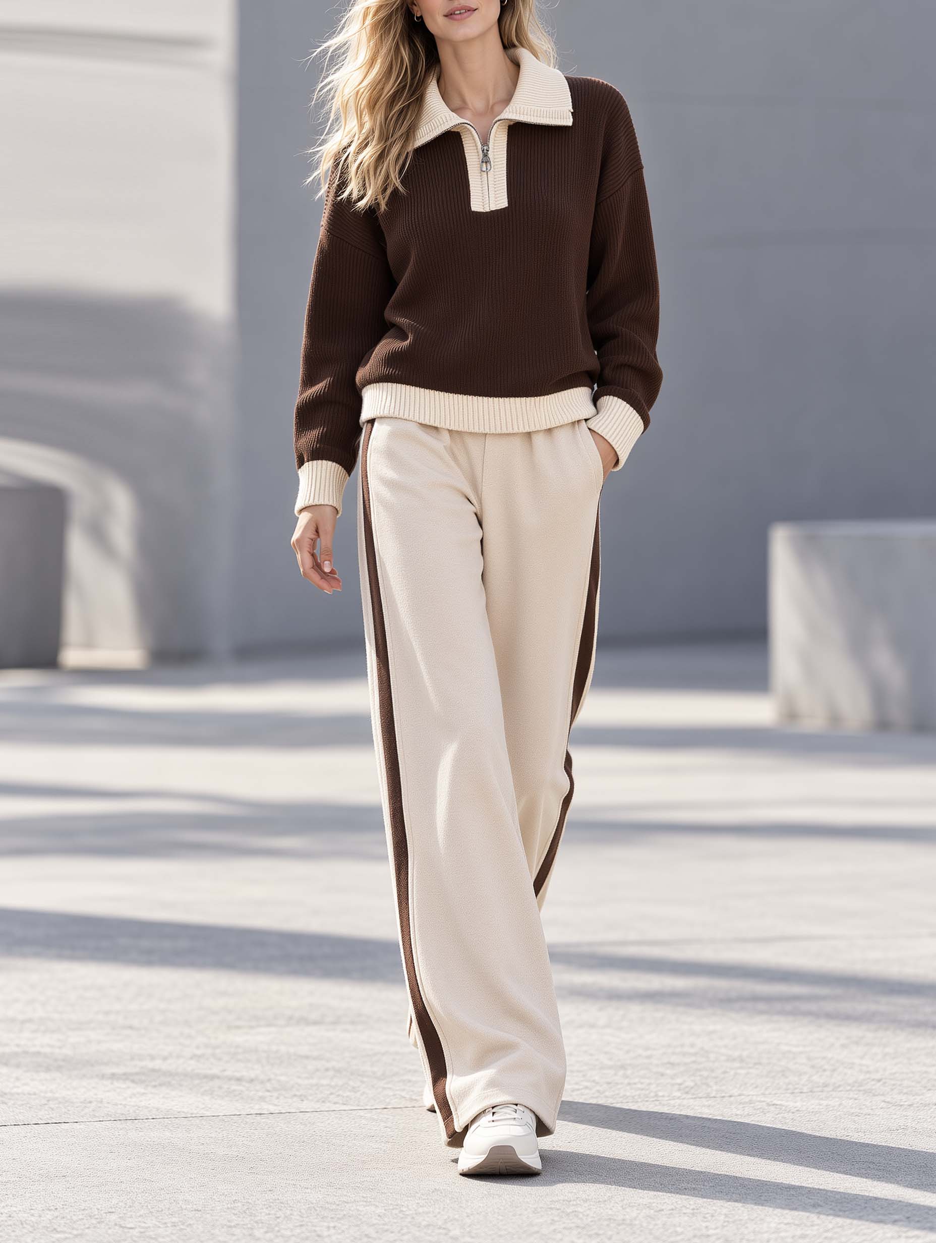 Stylish Casual Brown And White Long-Sleeve Half-Zip Sweater And Pants Set