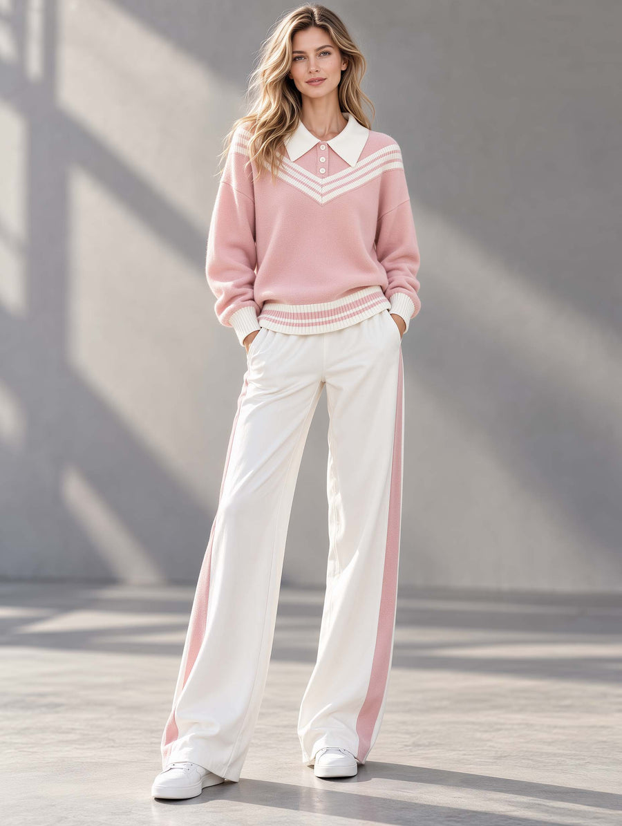 Casual-chic Pink Color-block Long-sleeve Sweater And Trousers Set With A Collar.