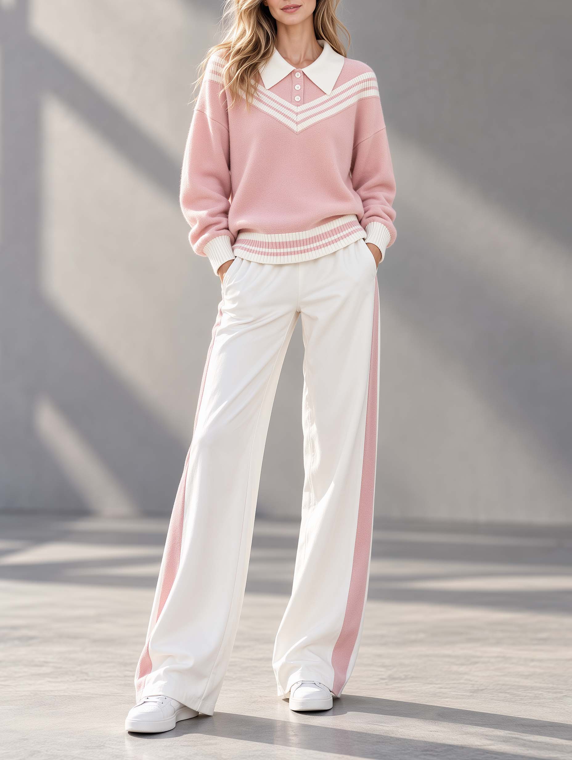 Casual-chic Pink Color-block Long-sleeve Sweater And Trousers Set With A Collar.
