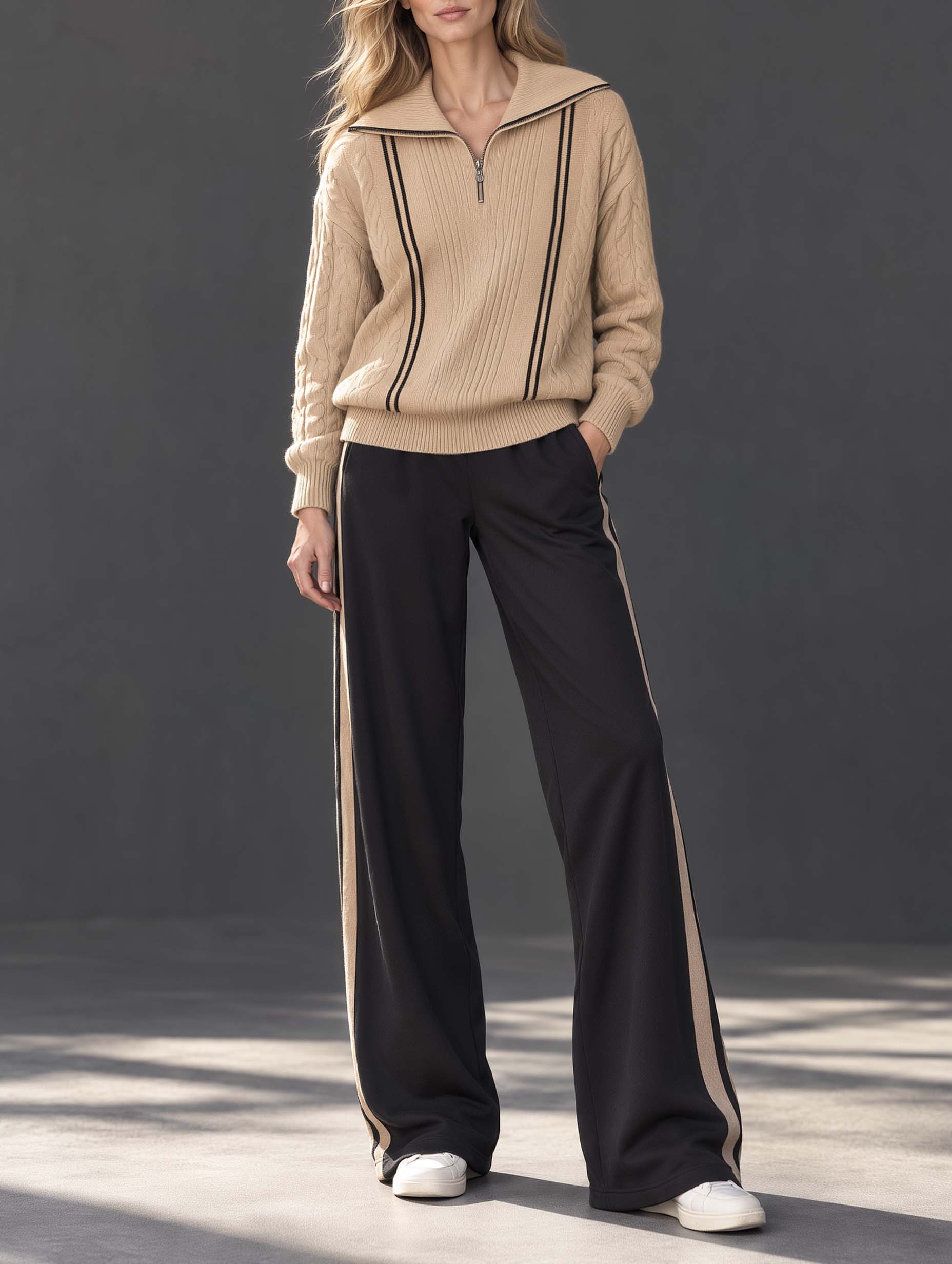 Stylish Set Featuring A Khaki Long-sleeve Half-zip Sweater And Black Wide-leg Trousers