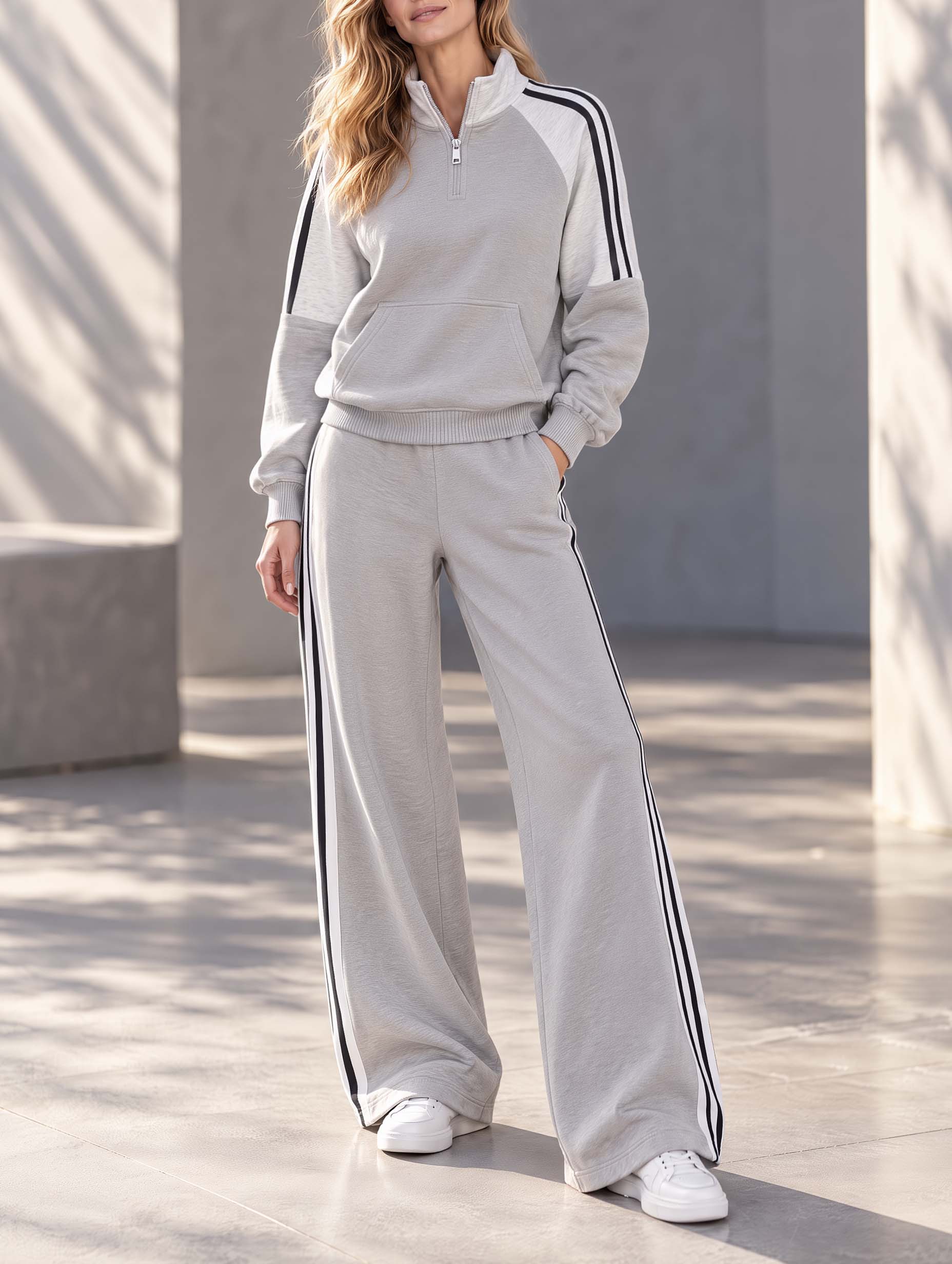 Grey Long-sleeve Sweatshirt And Sweatpants Set In A Sporty, Stylish Look
