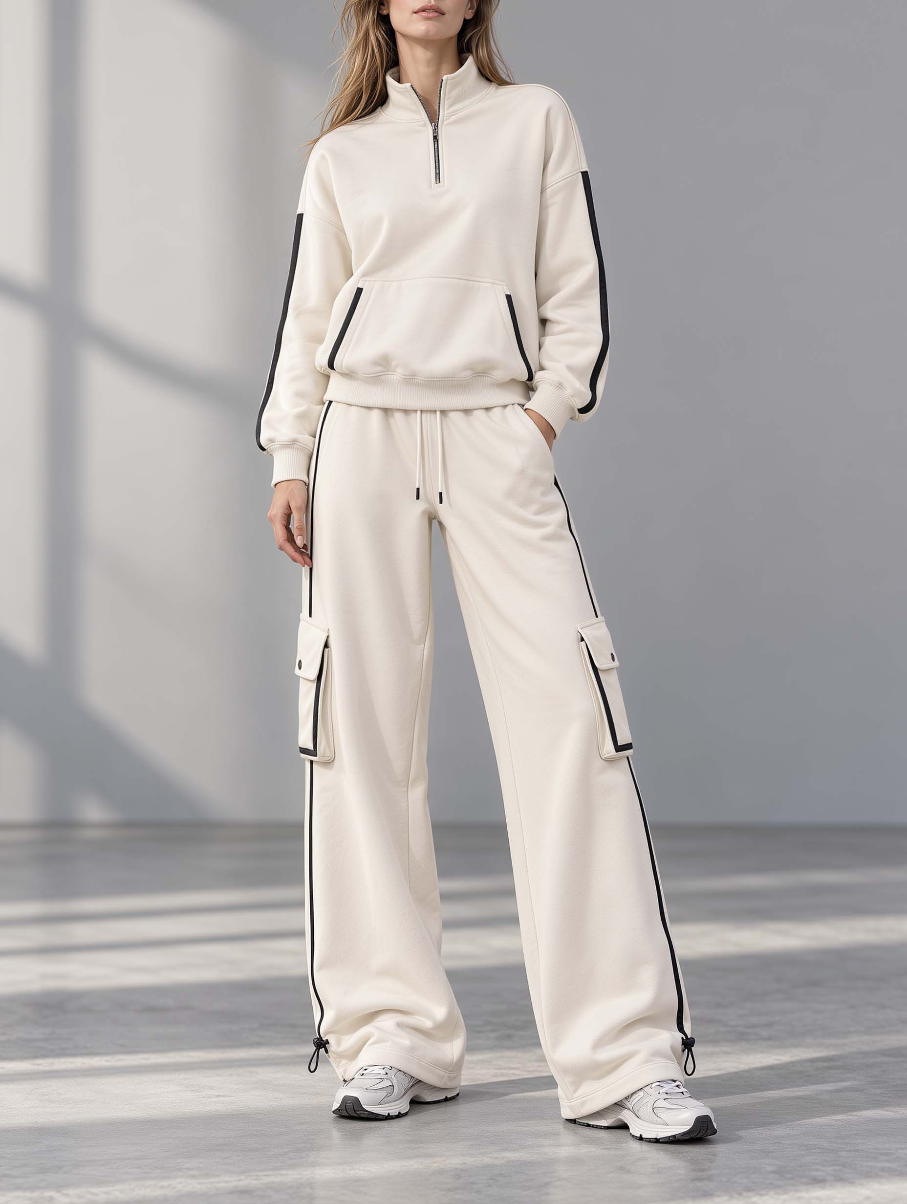 Casual-chic White Half-zip Long-sleeve Top And Utility-style Wide-leg Pants Set