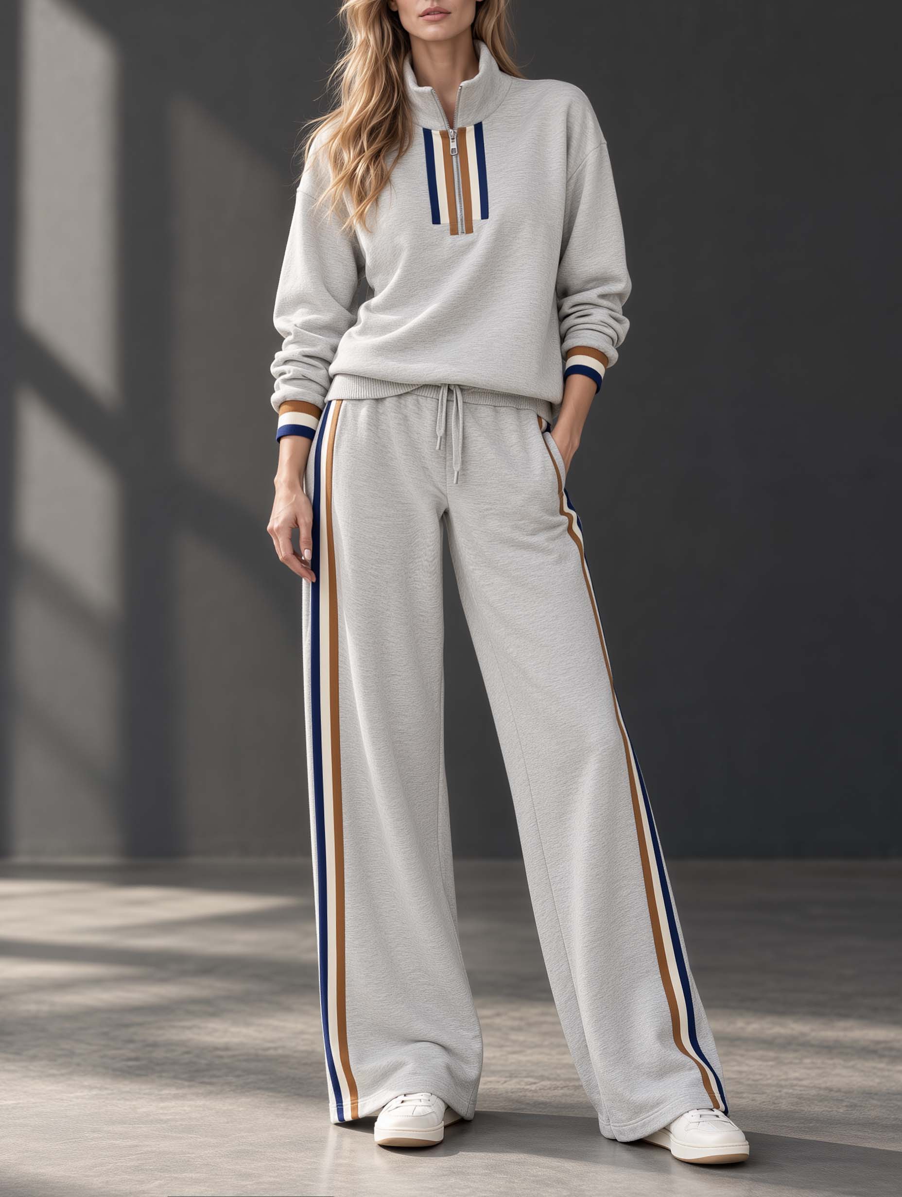 Stylish Casual Grey Color-Block Long-Sleeve Half-Zip Top And Wide-Leg Pants Set