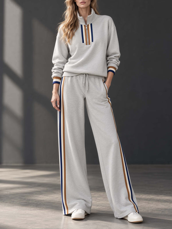 Stylish Casual Grey Color-Block Long-Sleeve Half-Zip Top And Wide-Leg Pants Set