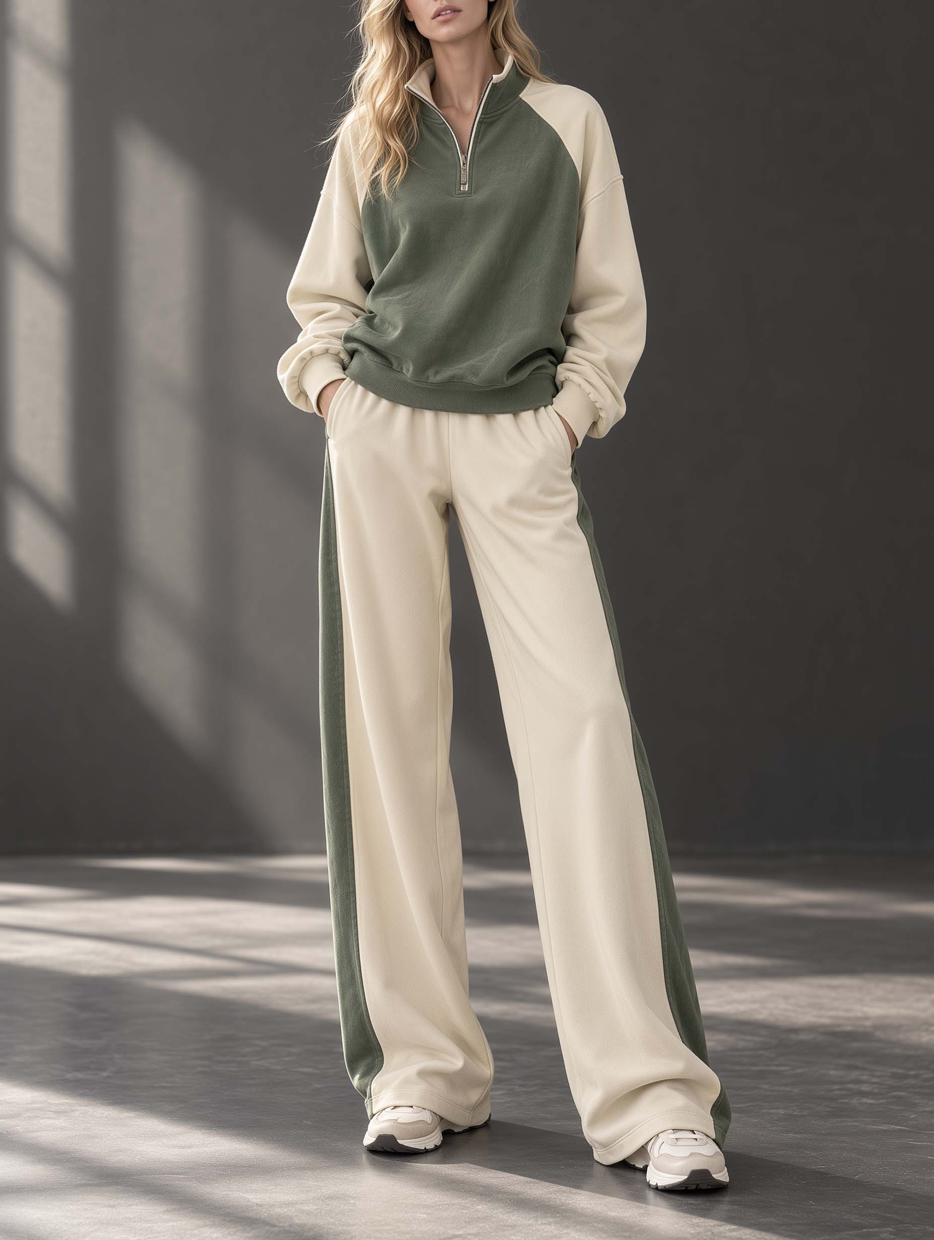 Green And Off-white Color-block Long-sleeve Top And Wide-leg Trousers Set