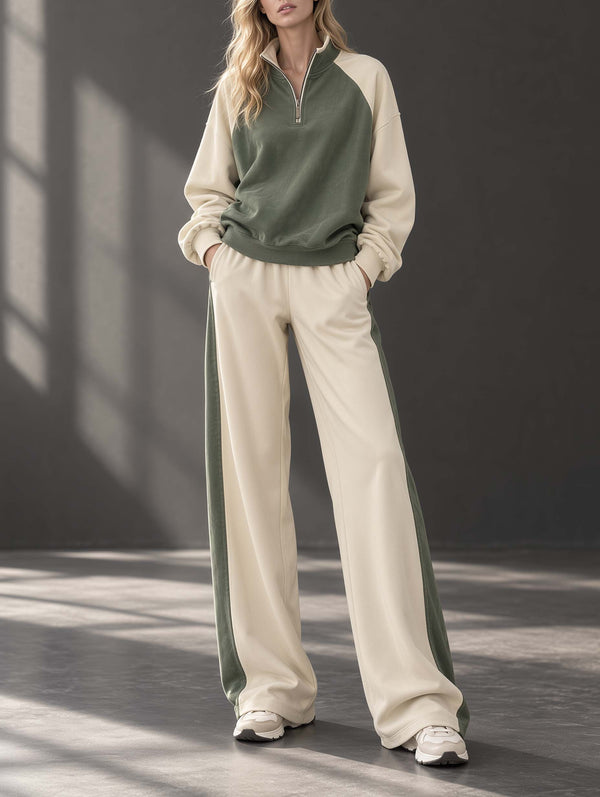Green And Off-white Color-block Long-sleeve Top And Wide-leg Trousers Set