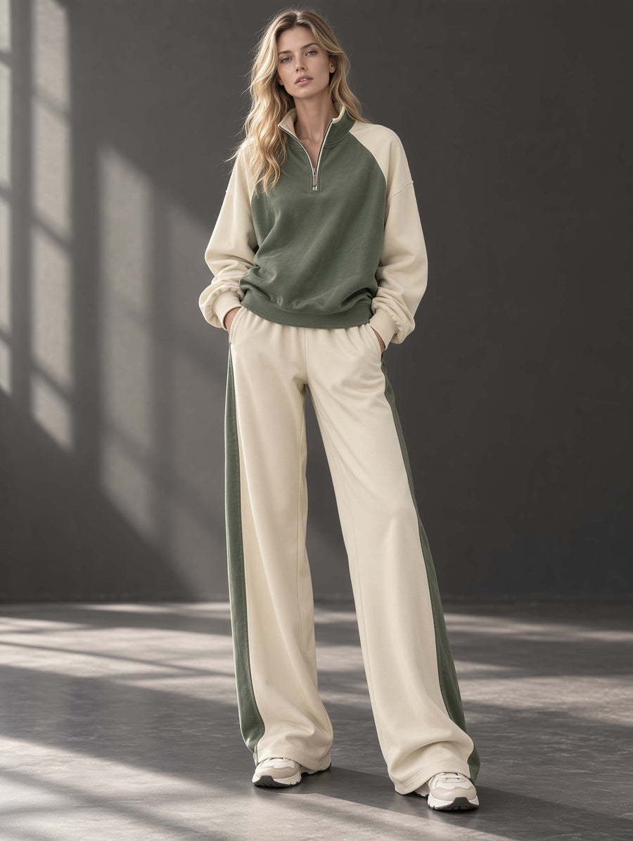 Green And Off-white Color-block Long-sleeve Top And Wide-leg Trousers Set