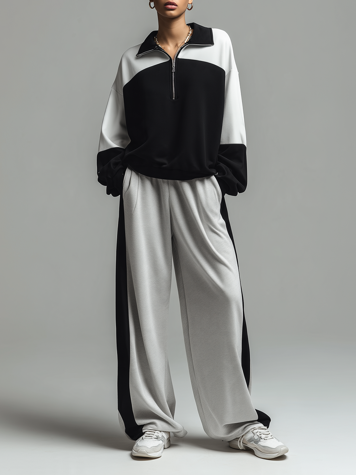 Black & White Colorblock Half-Zip Top & Wide-Leg Pants Set