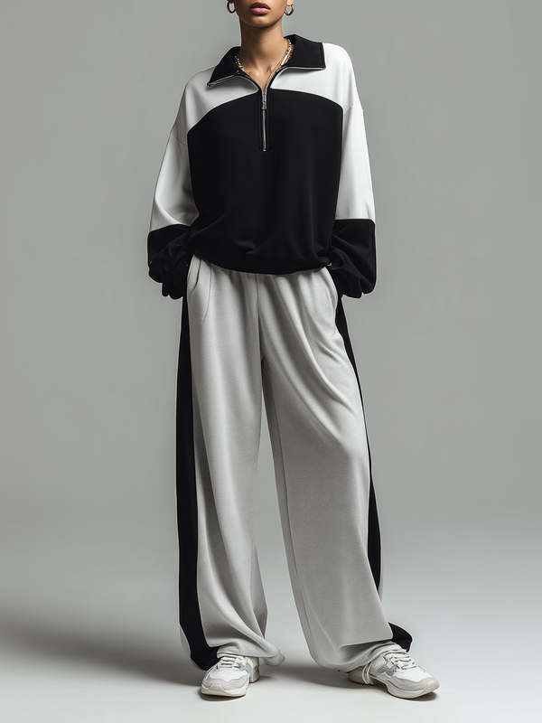 Black & White Colorblock Half-Zip Top & Wide-Leg Pants Set