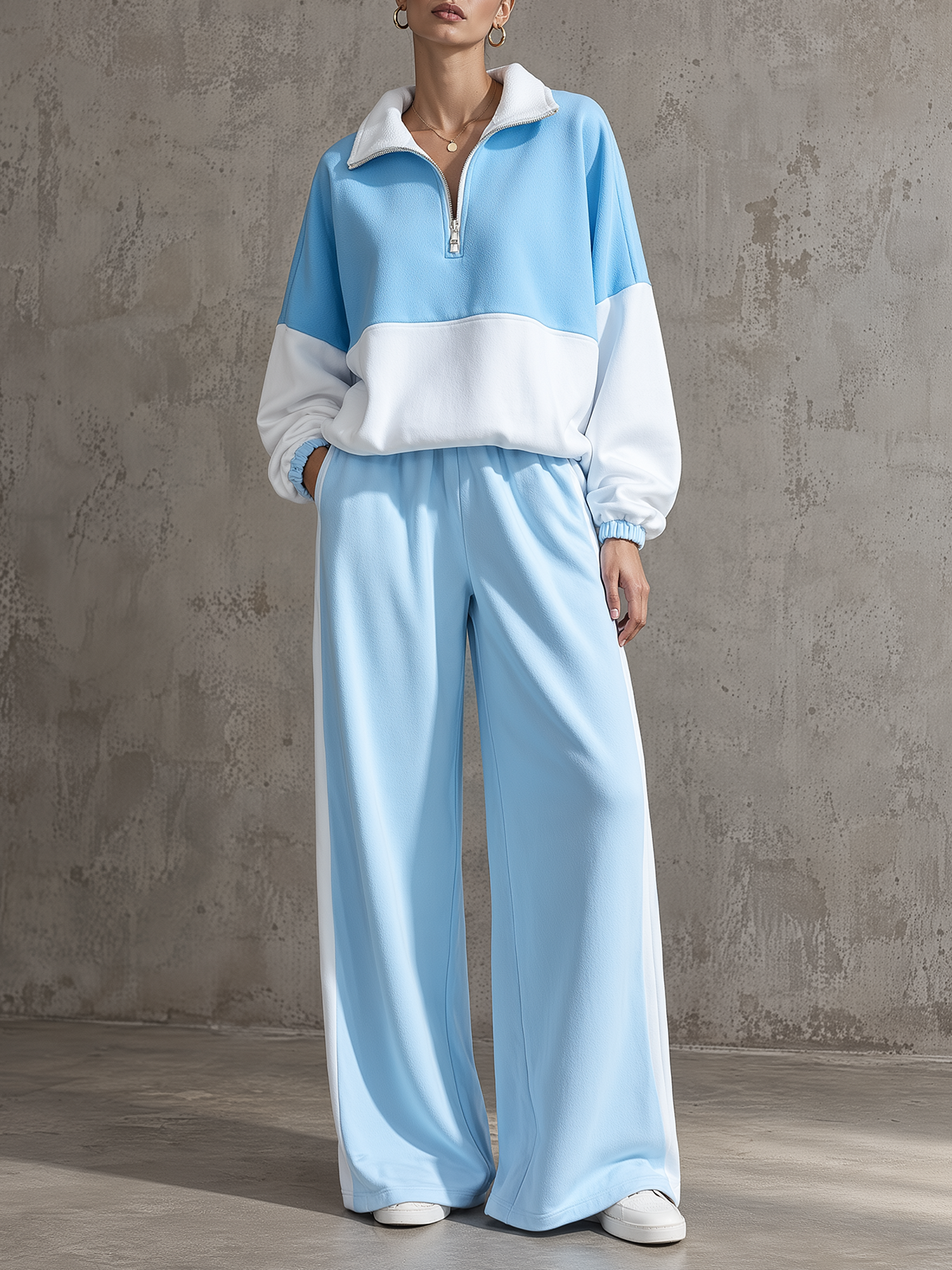 Light Blue Colorblock Half-Zip Sweatshirt & Wide-Leg Pants Set