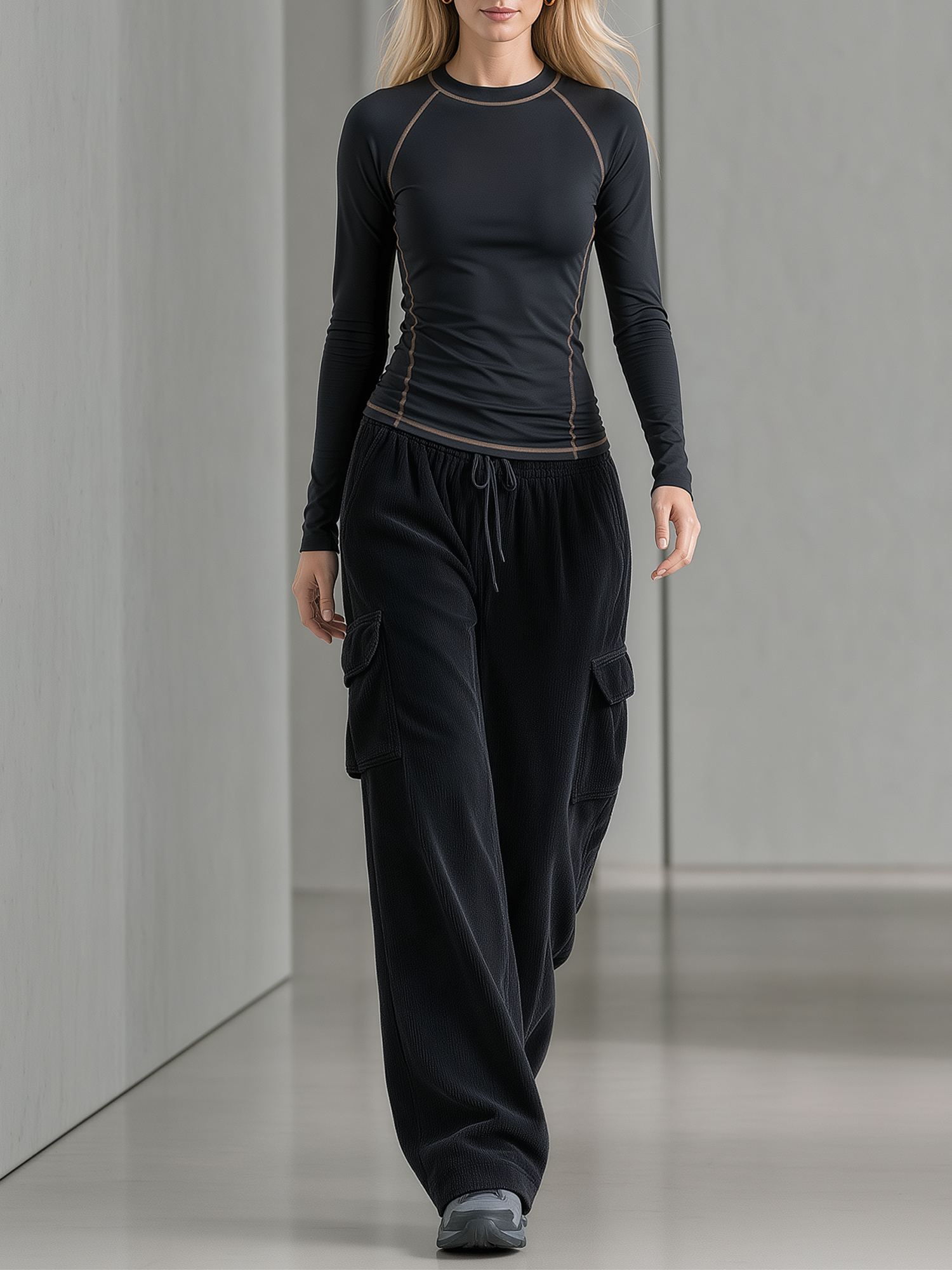 Color-contrast Stitched Fitted Top And Corduroy Utility Wide-leg Pants Set