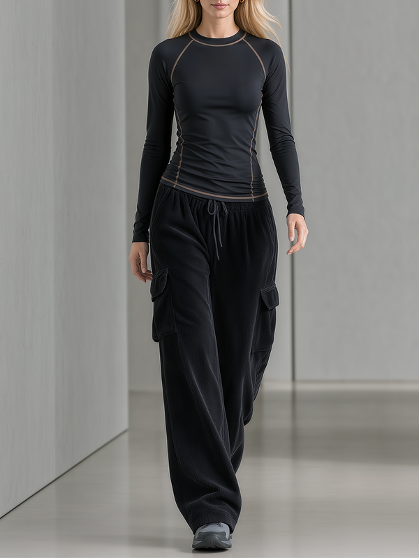 Color-contrast Stitched Fitted Top And Corduroy Utility Wide-leg Pants Set