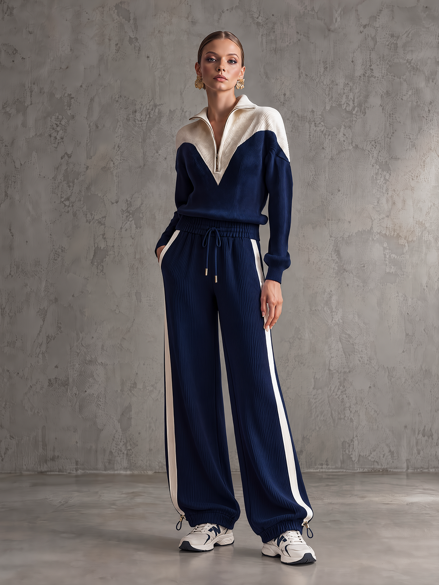 Navy & Cream Colorblock Ribbed Knit Quarter-Zip & Jogger Pants Set