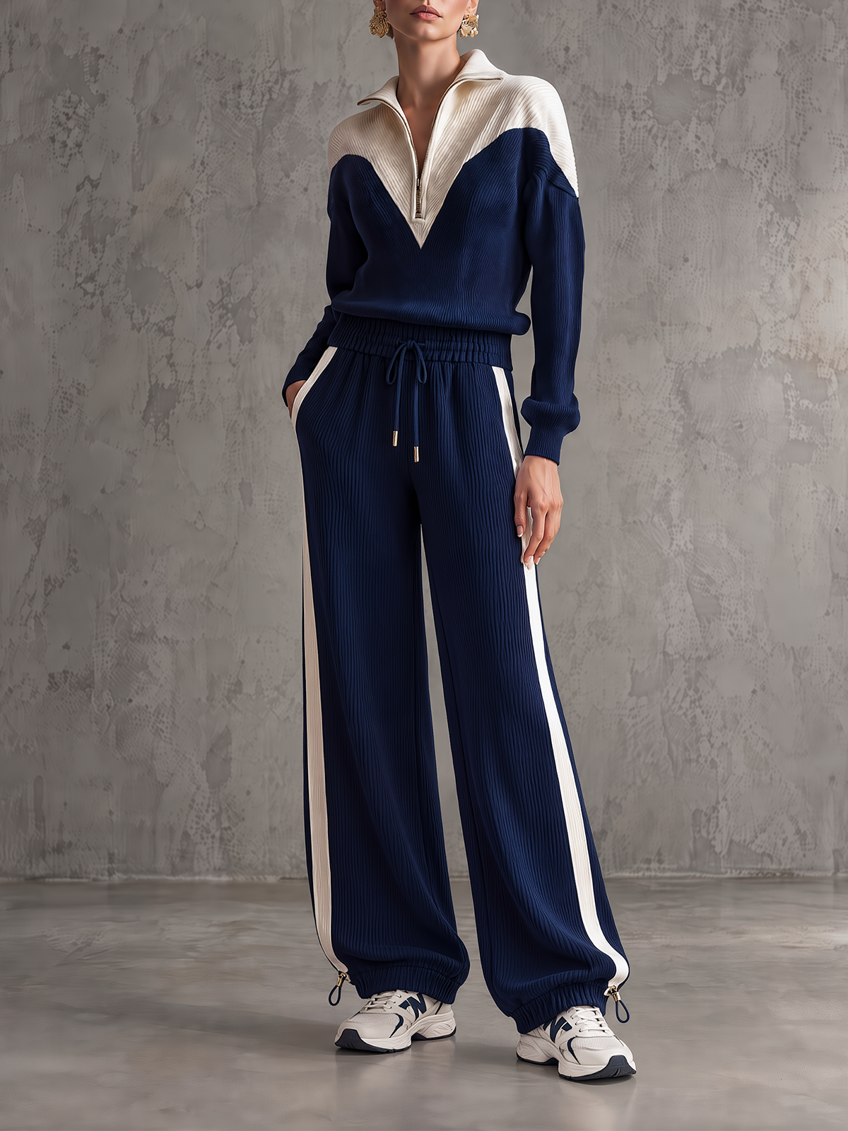 Navy & Cream Colorblock Ribbed Knit Quarter-Zip & Jogger Pants Set