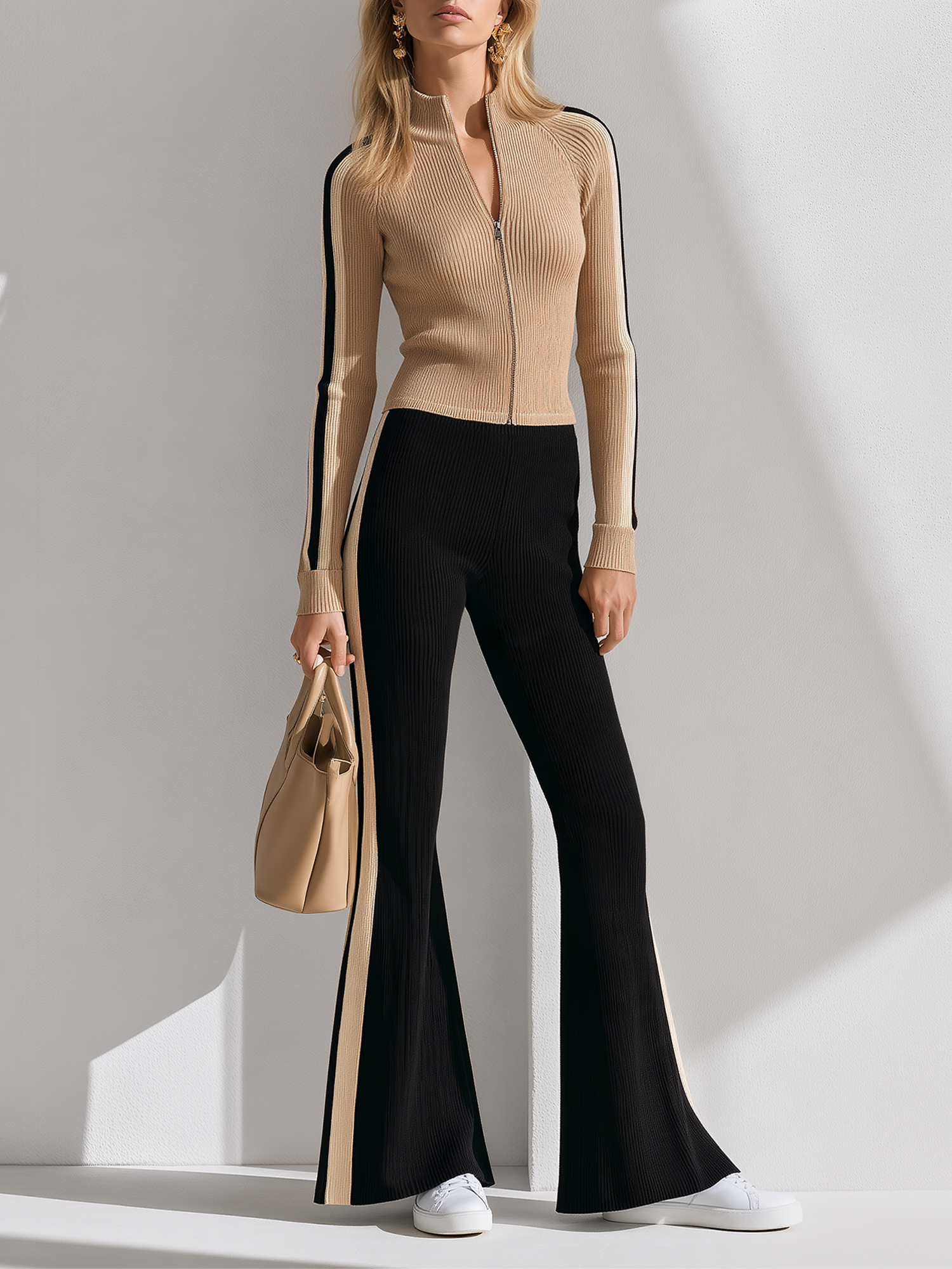 Camel Slim-fit Zip-up Knit Top And Black Side-stripe Flared Knit Pants Set