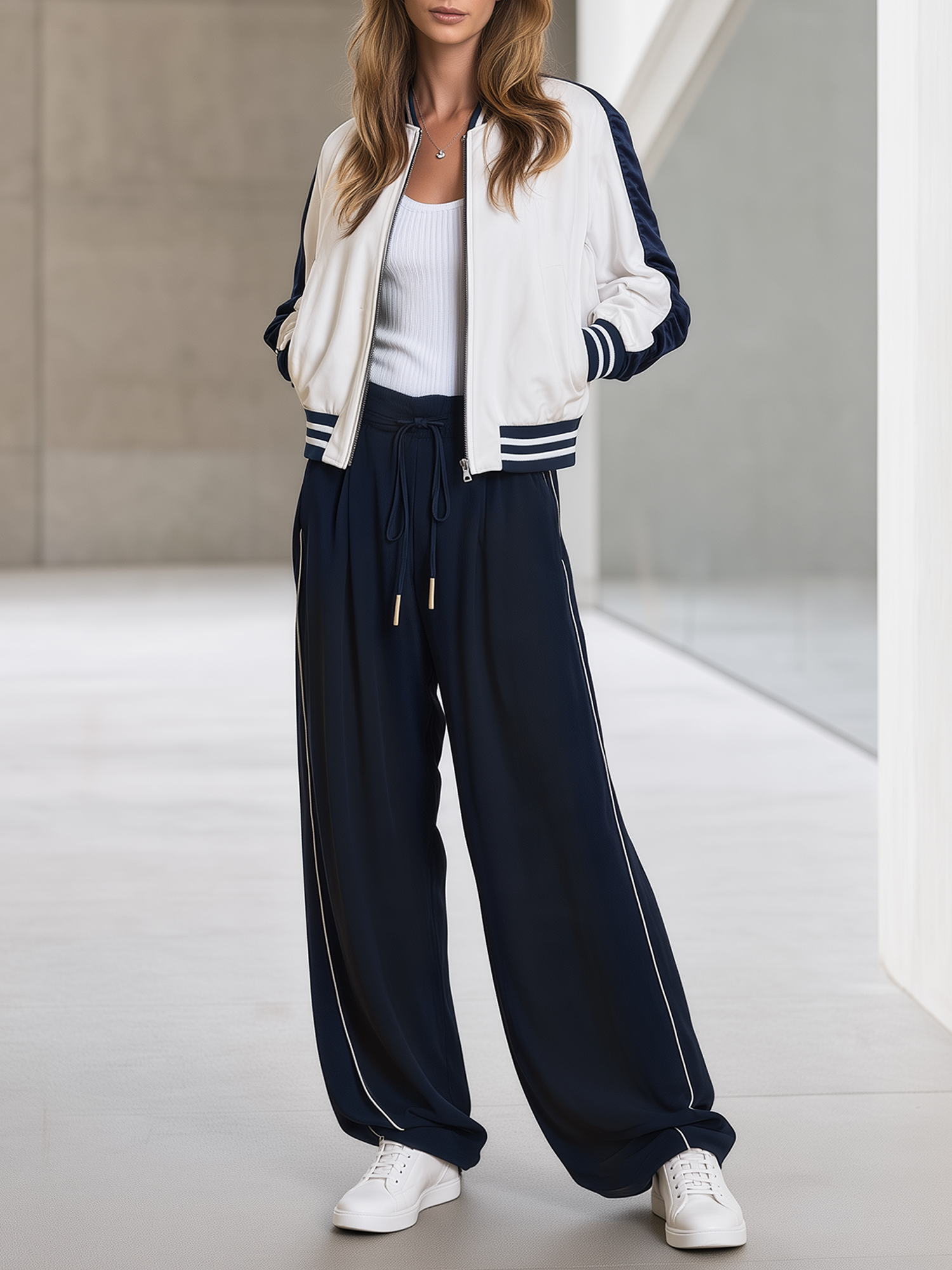 White And Blue Color-block Baseball Jacket And Navy Wide-leg Trousers Set