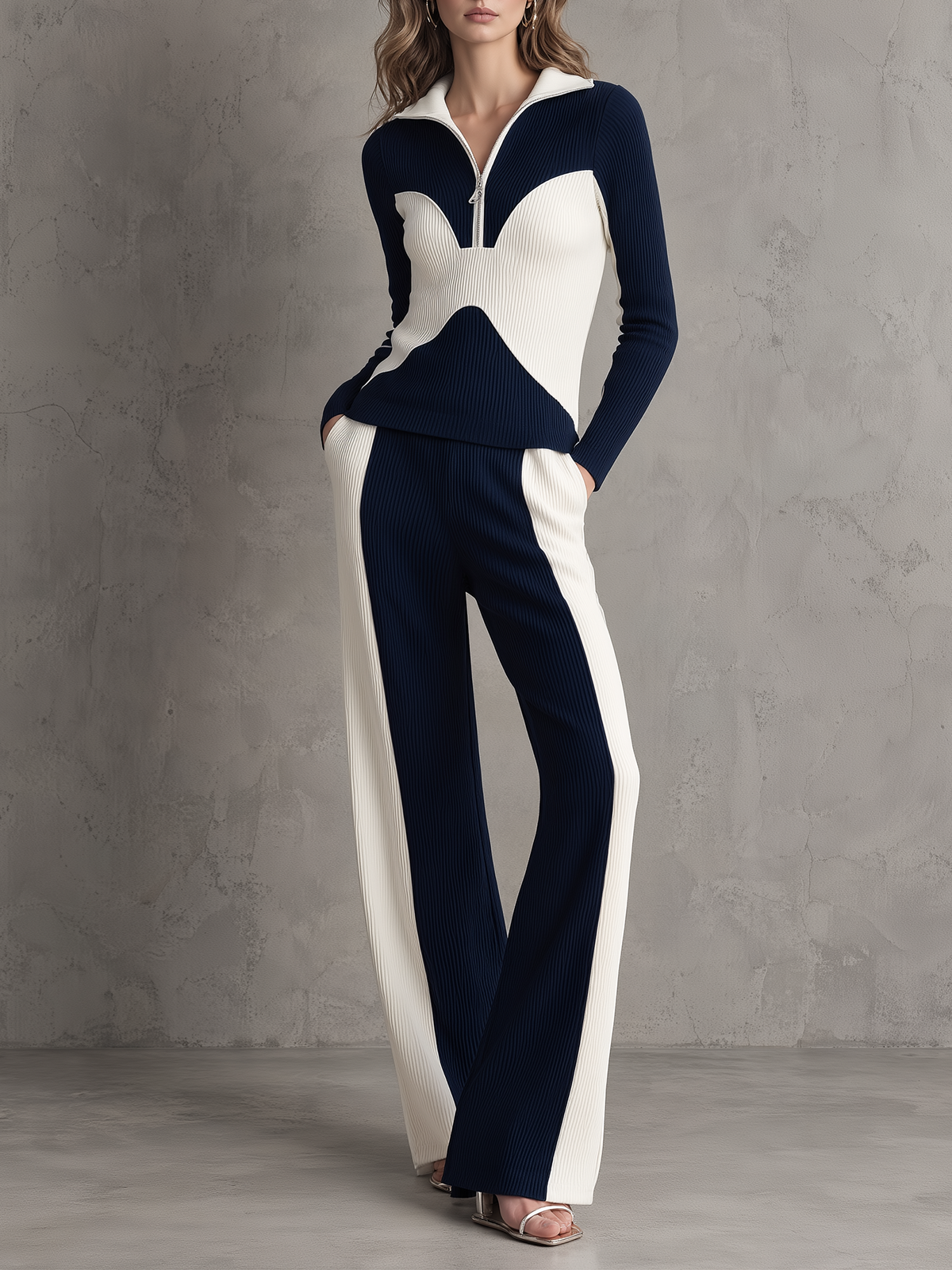 Navy & Ivory Colorblock Ribbed Knit Quarter-Zip Top & Wide-Leg Pants Set