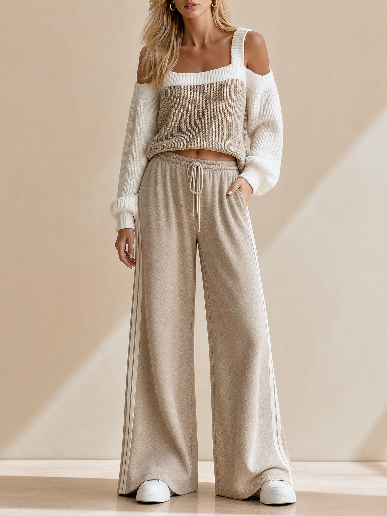 Oatmeal-colored Color-block Off-shoulder Knit Top And Wide-leg Trousers Set
