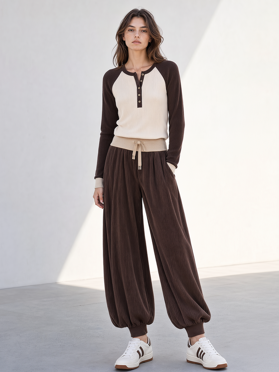 Brown & Cream Raglan Henley Knit Top & Dark Brown Textured Jogger Balloon Pants Set