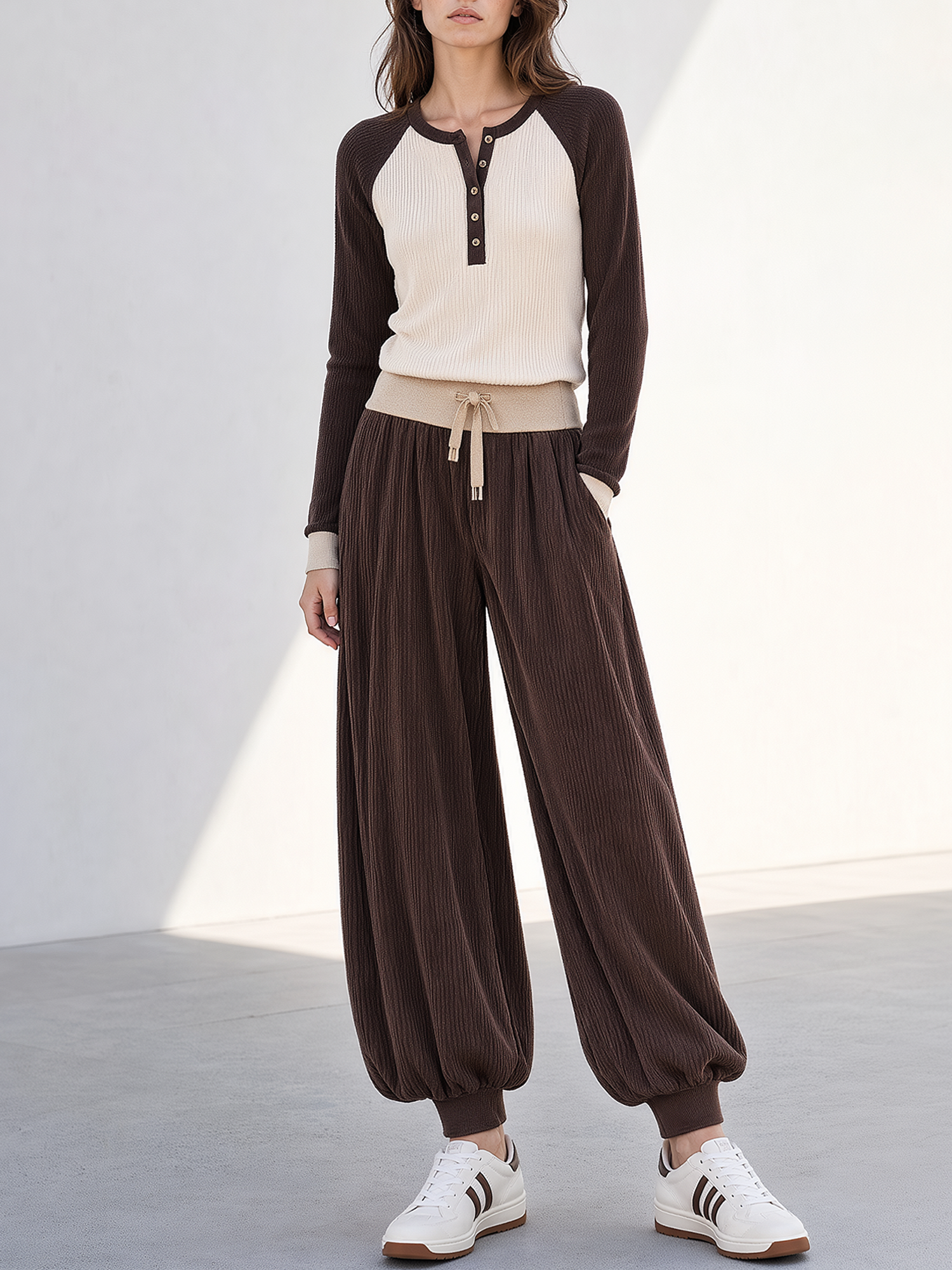 Brown & Cream Raglan Henley Knit Top & Dark Brown Textured Jogger Balloon Pants Set