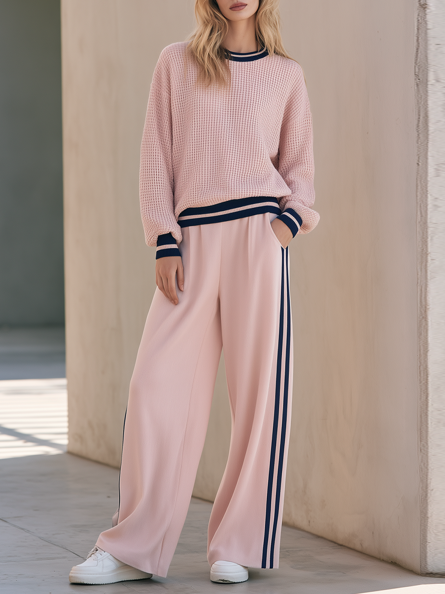 Pink Color-block Waffle-knit Sweater And Side-stripe Wide-leg Pants Set