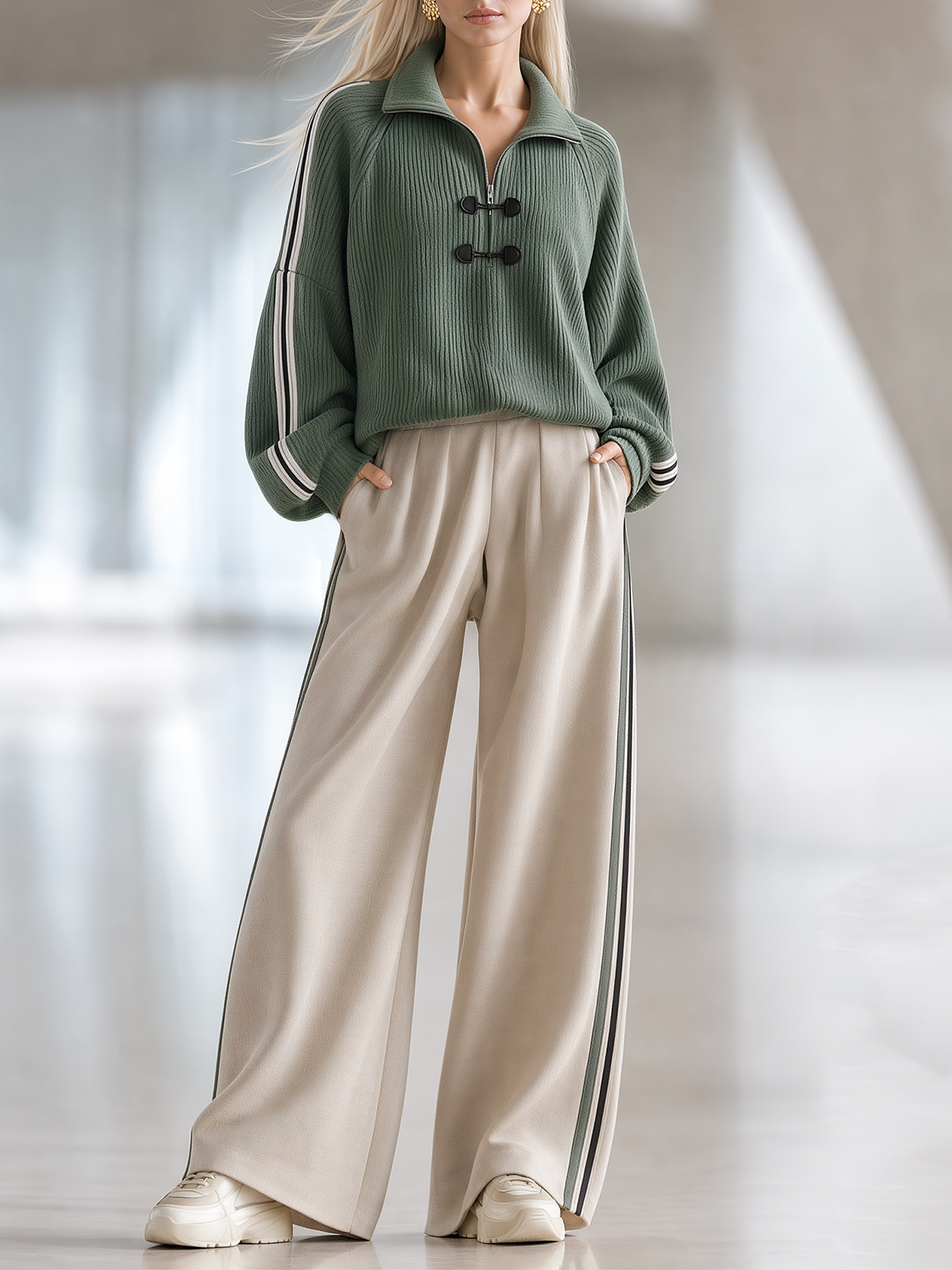 Green Half-Zip Rib Knit Top And Beige Wide-Leg Pants Set