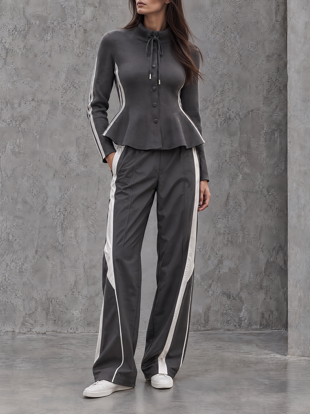 Charcoal Grey Peplum Button-Up Top & Side-Stripe Wide-Leg Pants Set