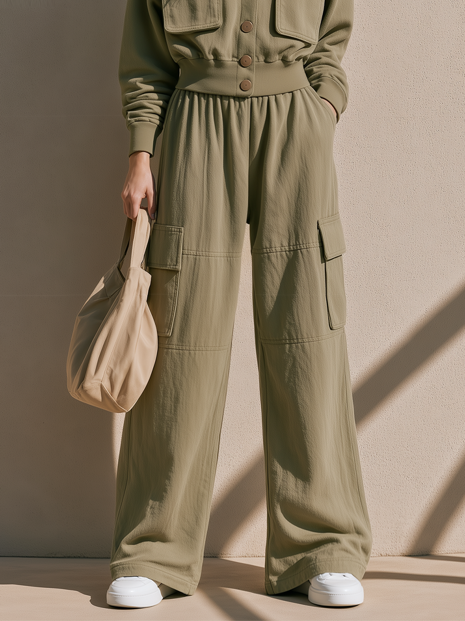 Olive Green Multi-pocket Casual Wide-leg Cargo Pants