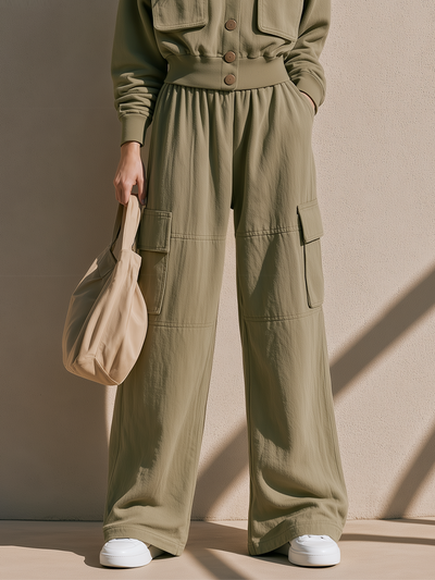 Olive Green Multi-pocket Casual Wide-leg Cargo Pants