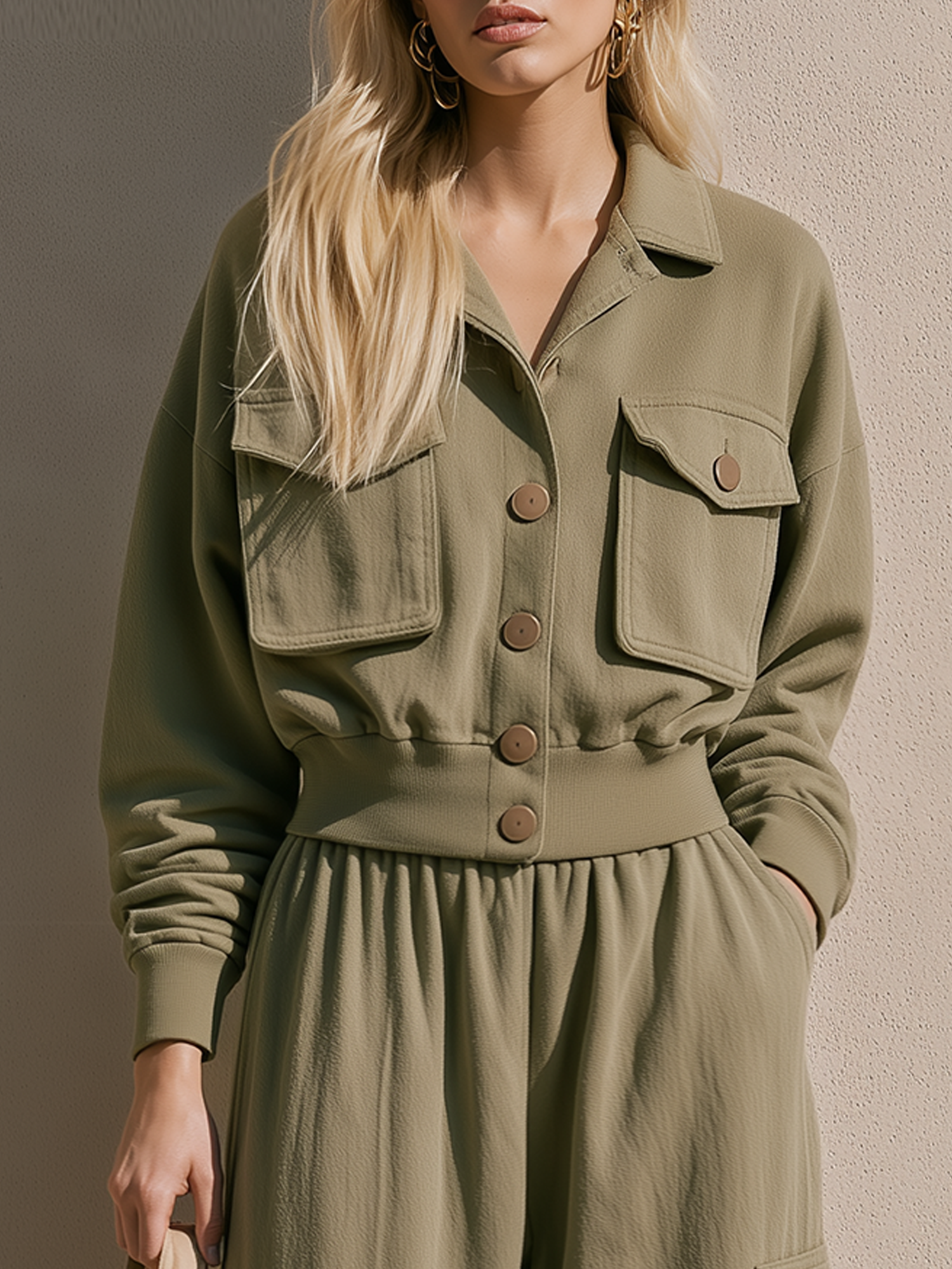 Olive Green Multi-Pocket Lapel Casual Utility Jacket