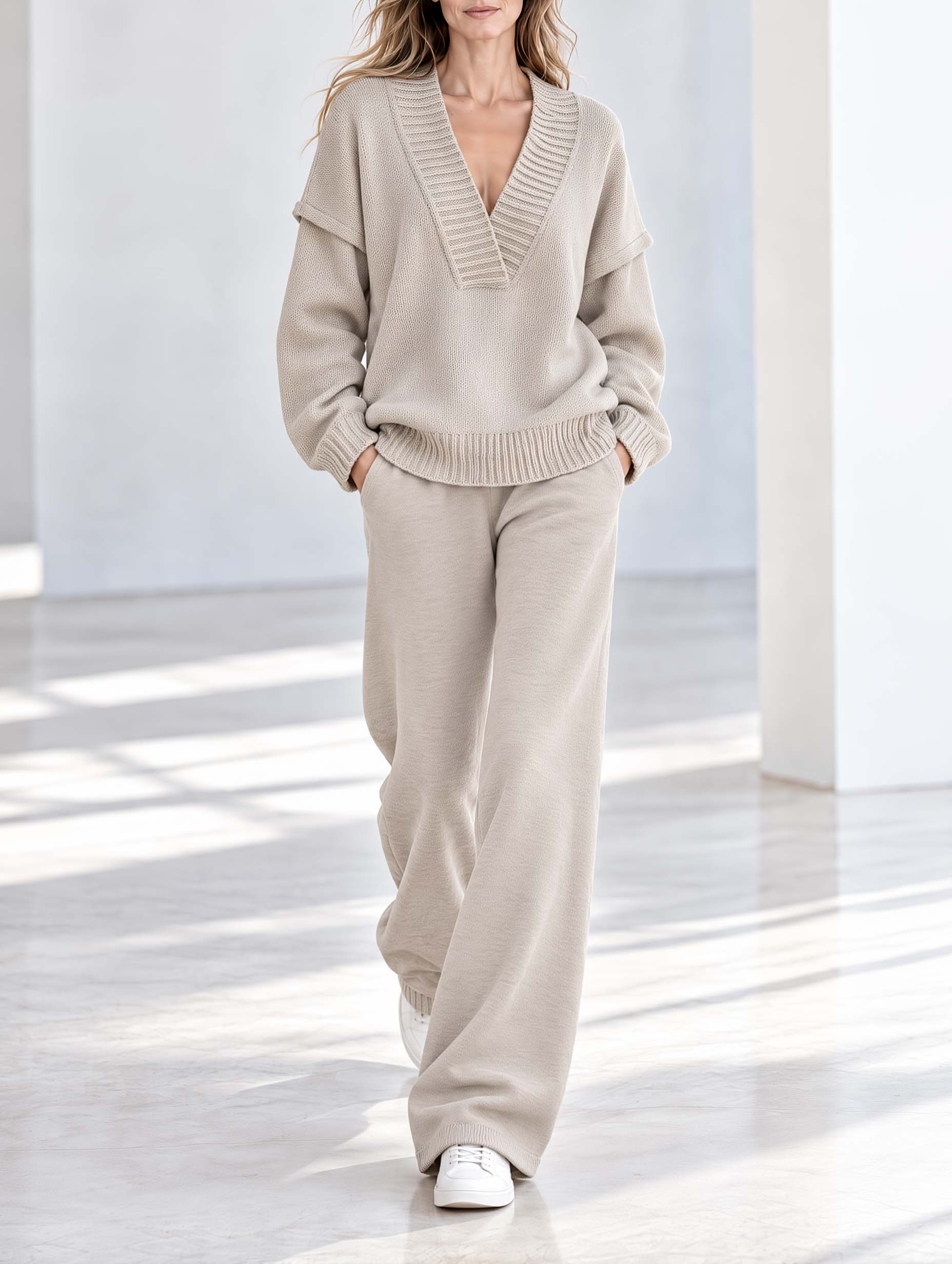 Stylish Casual Oatmeal V-Neck Long-Sleeve Sweater And Wide-Leg Pants Set