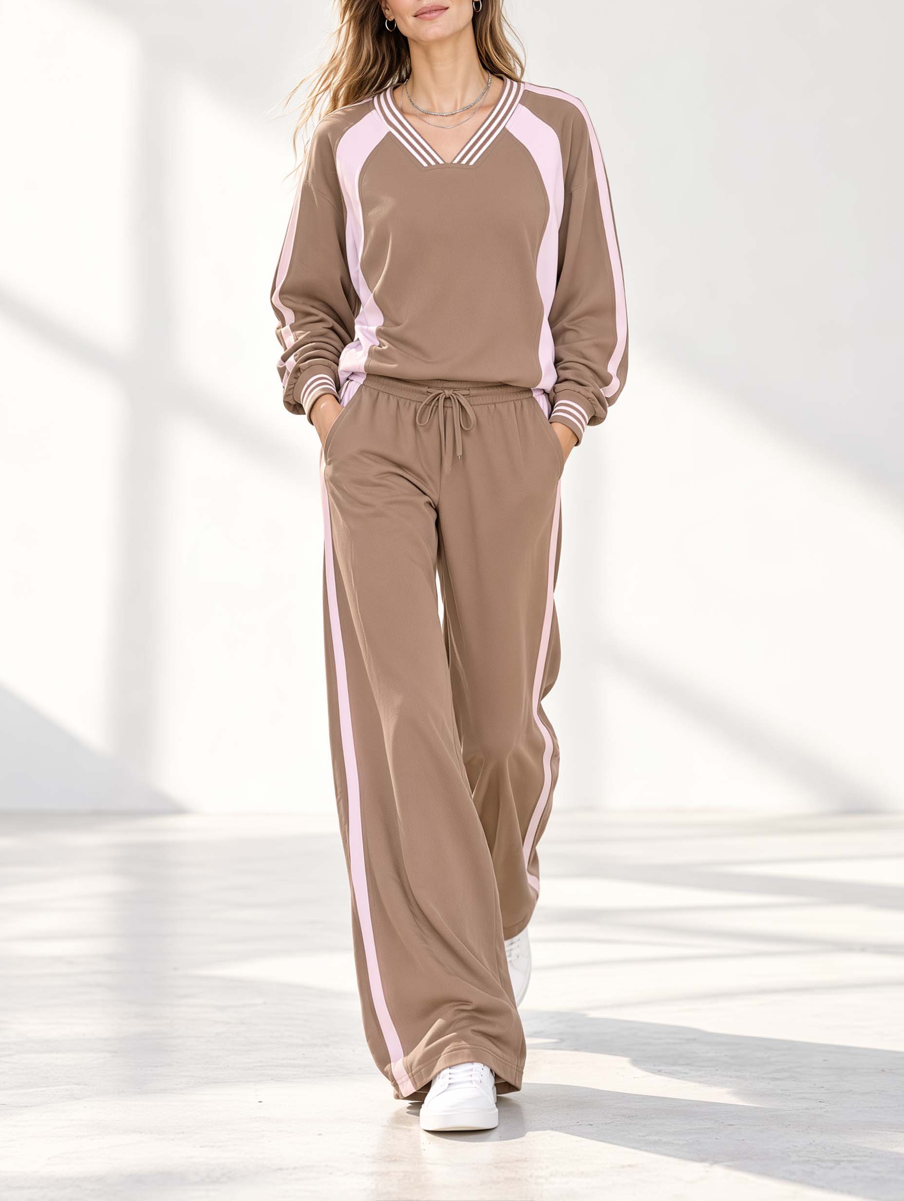 Stylish Casual Khaki And Pink Color-Block V-Neck Long-Sleeve Top And Wide-Leg Pants Set