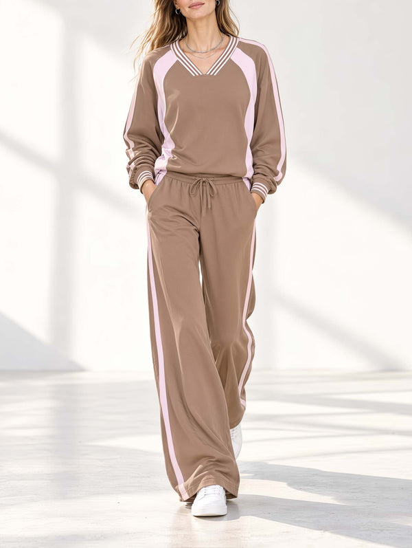 Stylish Casual Khaki And Pink Color-Block V-Neck Long-Sleeve Top And Wide-Leg Pants Set