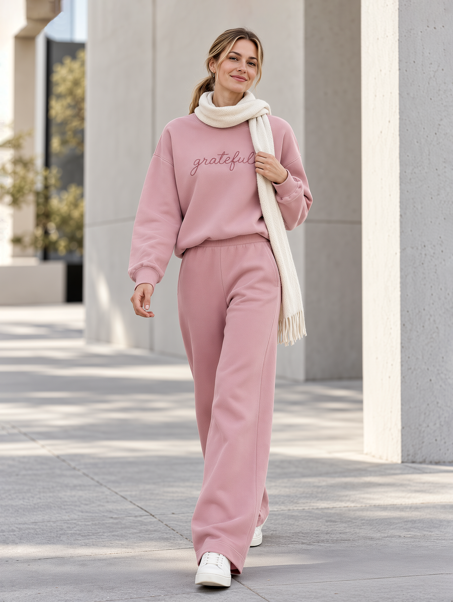 Pink Embroidered Sweatshirt And Wide-leg Trousers Set