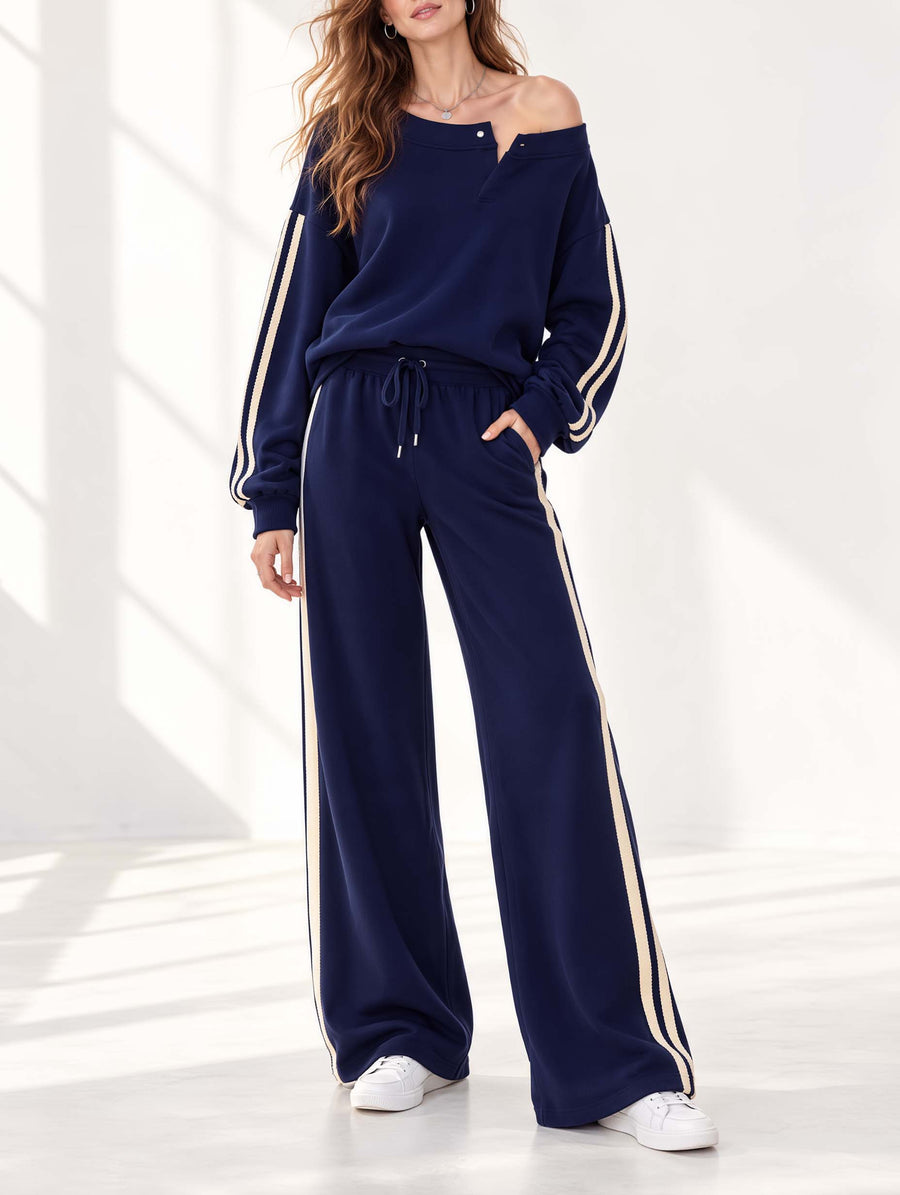 Stylish Navy Blue Long-sleeved Top And Trousers Set Featuring An Asymmetrical Off-the-shoulder Design