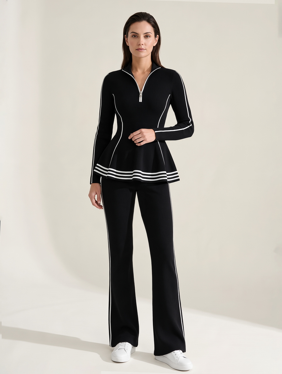 Black Knit Top With Ruffled Hem And Flared Trousers Set