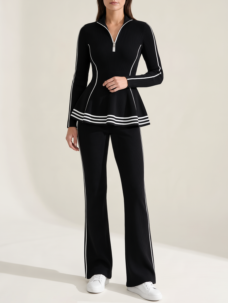 Black Knit Top With Ruffled Hem And Flared Trousers Set