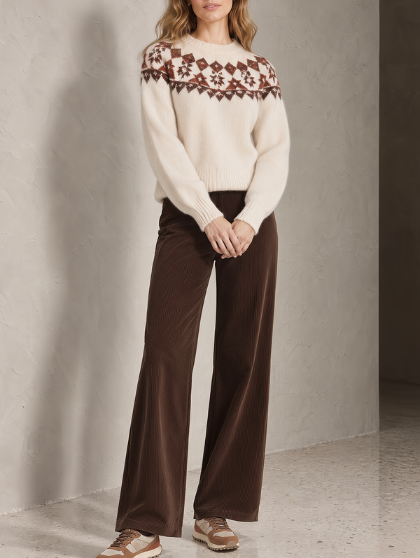 Off-white Jacquard Sweater And Dark Brown Wide-leg Trousers Set