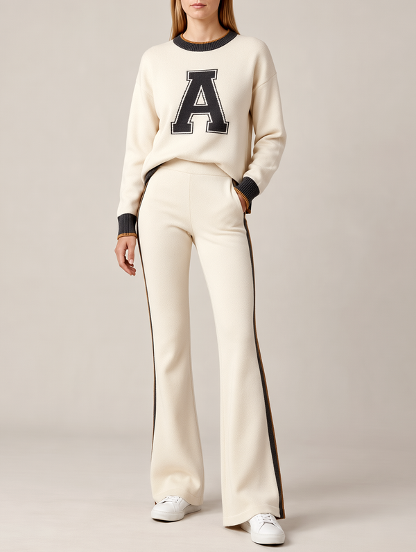 Beige Letter-pattern Knit Sweater And Flared Stretch Trousers Set