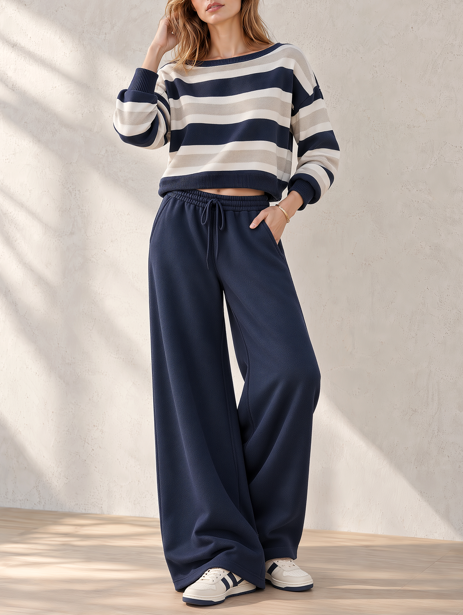 Dark Blue Striped Sweatshirt And Wide-leg Pants Set