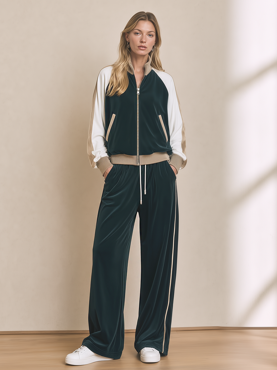 Dark Green Velvet Color-block Stand-collar Jacket And Wide-leg Trousers Set