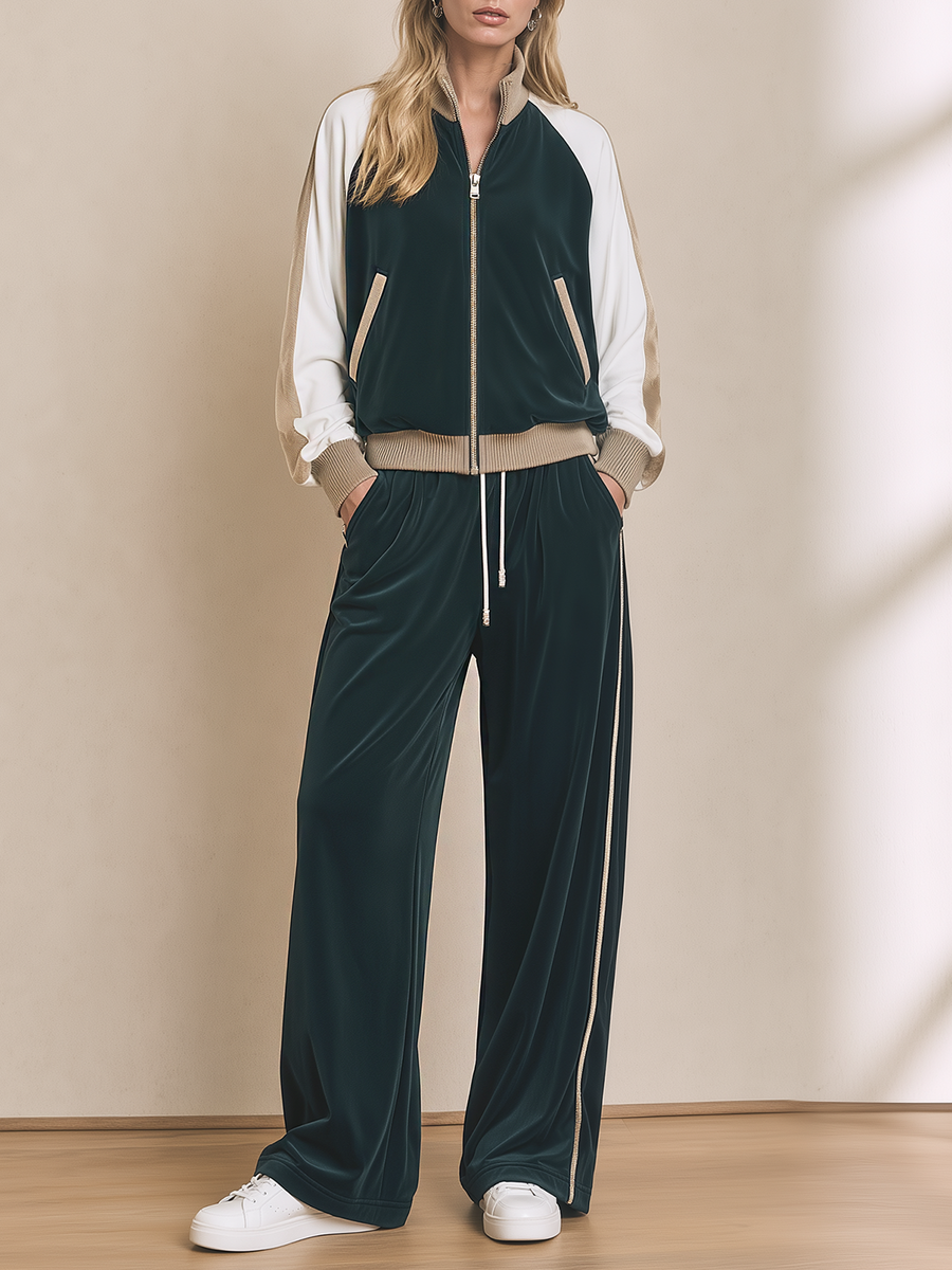 Dark Green Velvet Color-block Stand-collar Jacket And Wide-leg Trousers Set