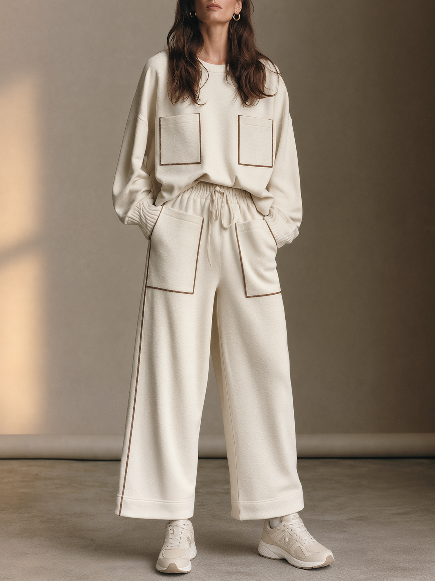 Beige Drop-shoulder Top With Contrasting-trim Pockets And Drawstring Wide-leg Pants Set