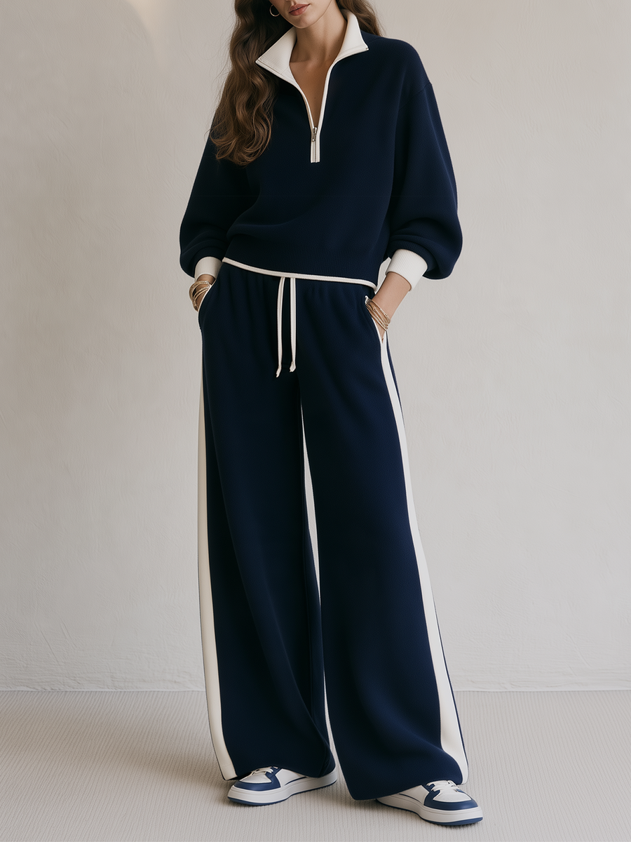 Navy Half-zip Collared Top With Color-block Trim And Side-stripe Wide-leg Pants Set