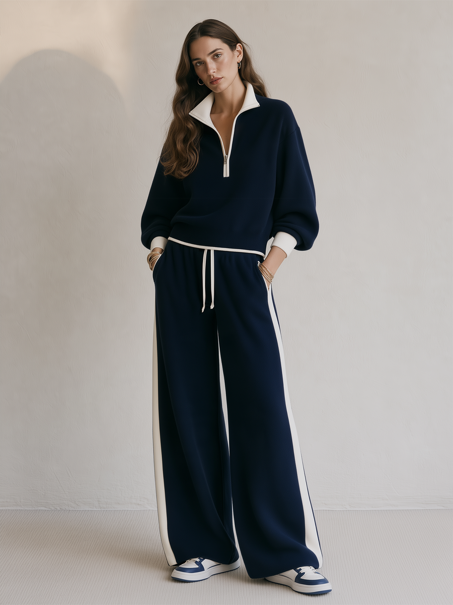 Navy Half-zip Collared Top With Color-block Trim And Side-stripe Wide-leg Pants Set