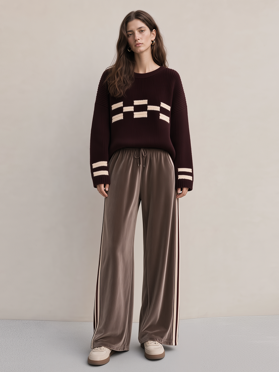 Burgundy Color-block Jacquard Crew-neck Sweater And Velvet Wide-leg Trousers Set