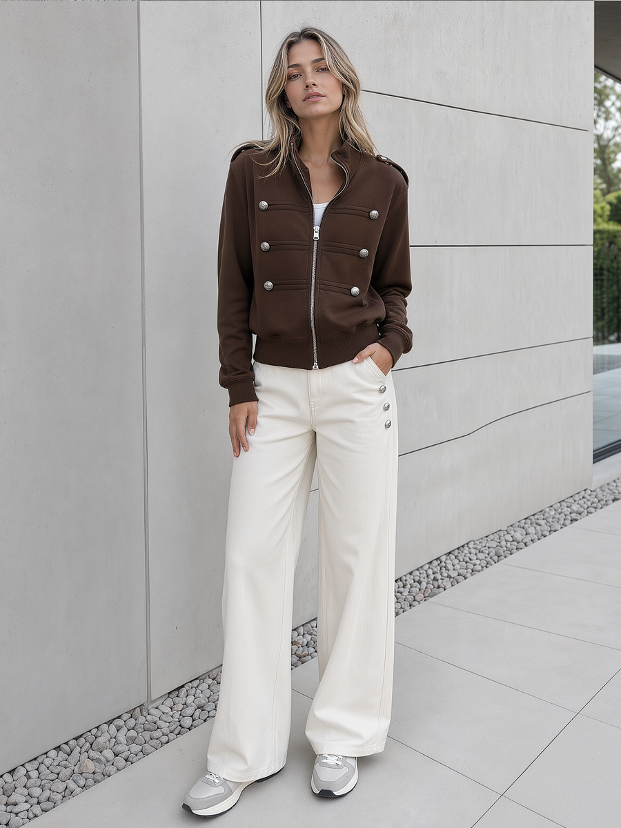 Brown Stand-collar Zip-up Jacket With Button Details And Off-white Casual Trousers Set