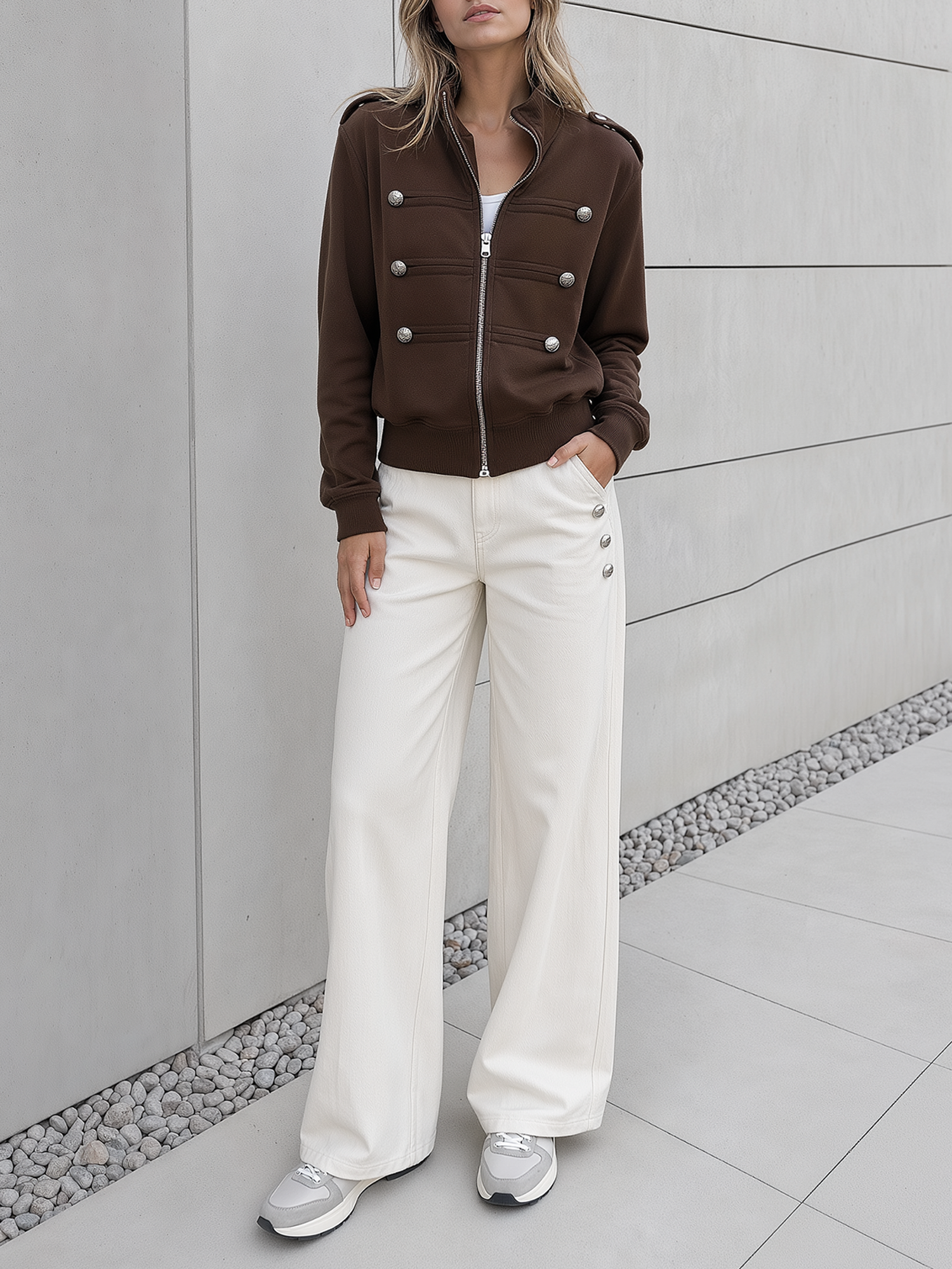 Brown Stand-collar Zip-up Jacket With Button Details And Off-white Casual Trousers Set