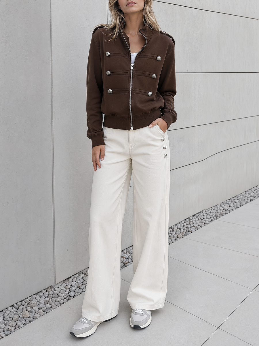 Brown Stand-collar Zip-up Jacket With Button Details And Off-white Casual Trousers Set